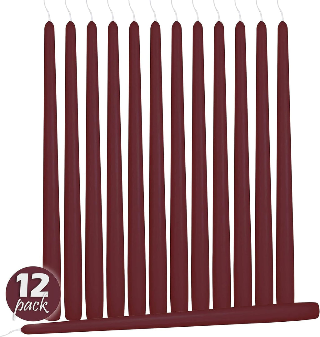 12 Pack Tall Taper Candles - 12 Inch Burgundy Dripless, Unscented Dinner Candle - Paraffin Wax with Cotton Wicks - 10 Hour Burn Time