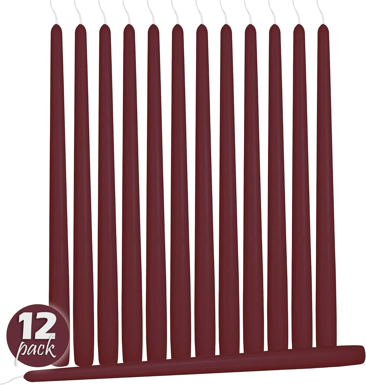 12 Pack Tall Taper Candles - 12 Inch Burgundy Dripless, Unscented Dinner Candle - Paraffin Wax with Cotton Wicks - 10 Hour Burn Time