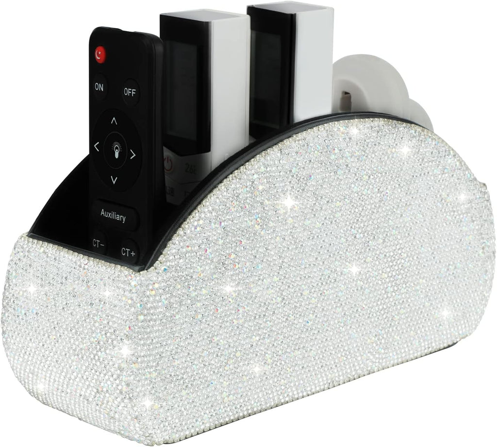 KEYPOWER Remote Control Holder Organizer Table Desk Leather Control Storage TV Remote Control Organizer with 5 Spacious Compartments Bling Crystal Luxury Handmade Diamond (White)