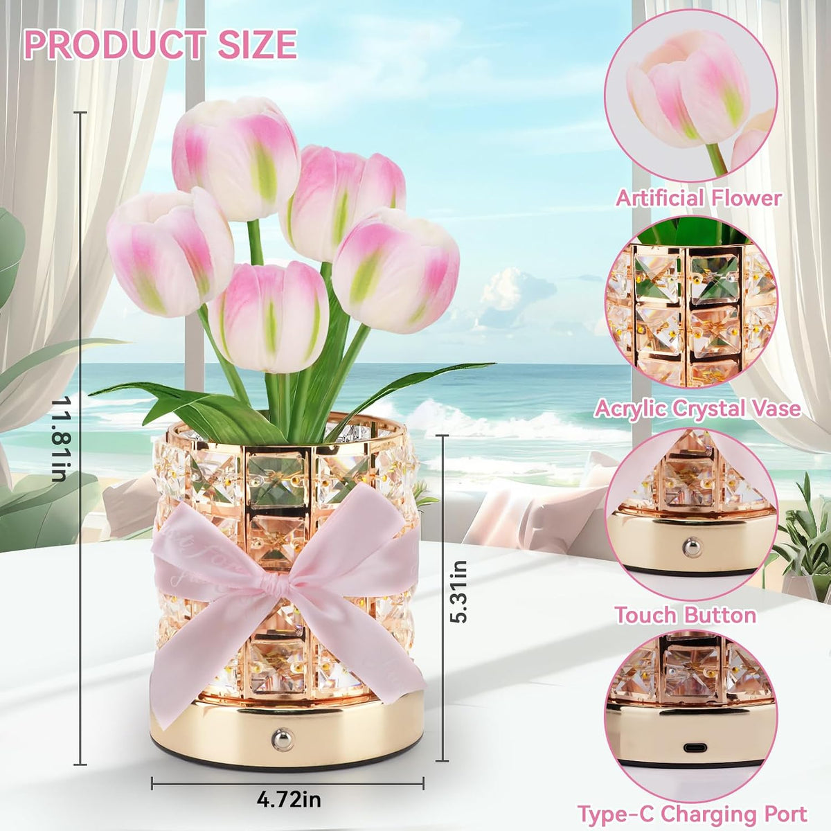 Tulip Flower Lamps, Rechargeable Cordless Small Desk Lamp, 3 Colors Dimmable Artificial Flowers Night Light, Fake Bouquet 5 Tulip with Crystal Vase for Home Date Party Decoration (Tulip-Pink)