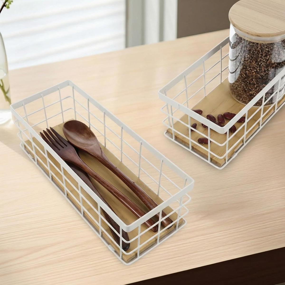 Set of 2 Small Wire Baskets, Narrow White Metal Storage Bins for Bathroom Counter & Kitchen, Farmhouse Rustic Organizer Trays for Pantry, Office, RV, Countertop Decoration (White)