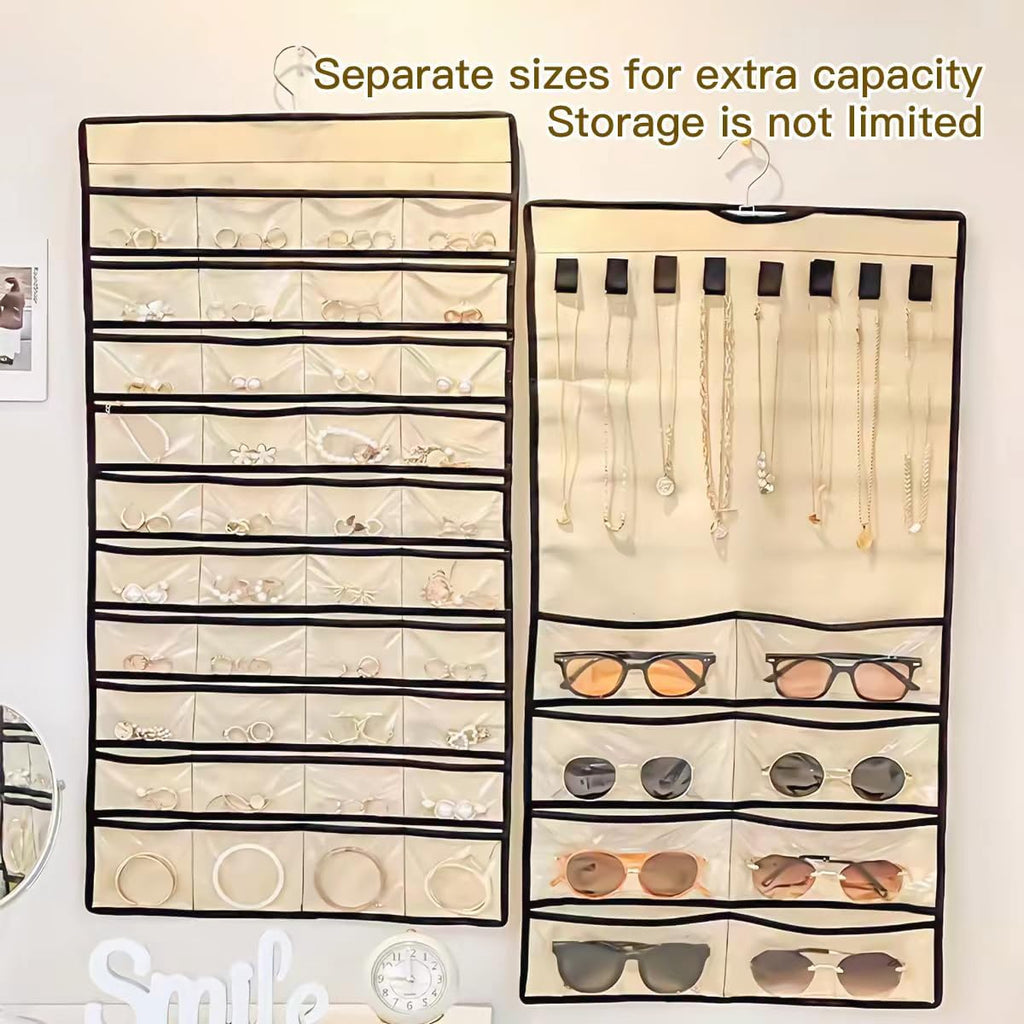 Double Sided Hanging Jewelry Organizer, 48 Pockets Clear Window Large Jewelry Hanging Organizer with Necklace Hanger, Wall/Door/Closet Stud Earring Bracelet Ring Storage
