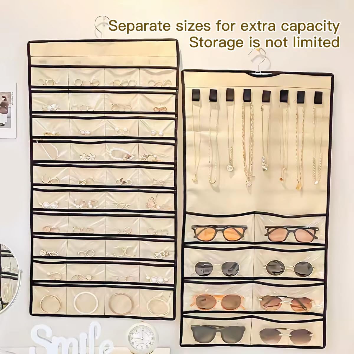 Double Sided Hanging Jewelry Organizer, 48 Pockets Clear Window Large Jewelry Hanging Organizer with Necklace Hanger, Wall/Door/Closet Stud Earring Bracelet Ring Storage