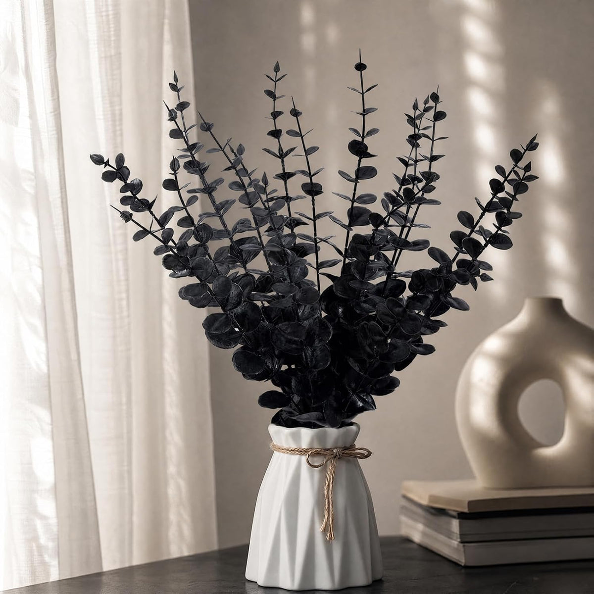 18 Pcs Artificial Eucalyptus Stems Black Leaves Fake Greenery Branches Faux Flowers Bouquet for Home Decor Wedding Centerpiece Table Decoration