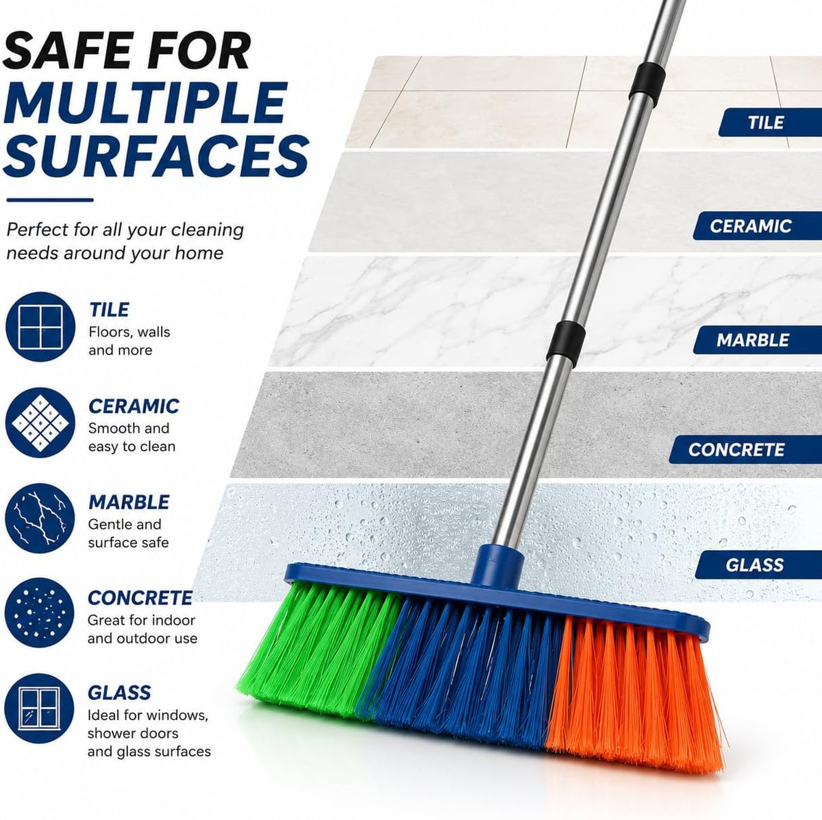 2-in-1 Floor Squeegee & Broom Kit with Telescopic Handle, 17.5 Inch Heavy Duty Water Squeegee for Tile, Concrete, Marble, Garage & Shower, Includes 2 Cotton Cloths