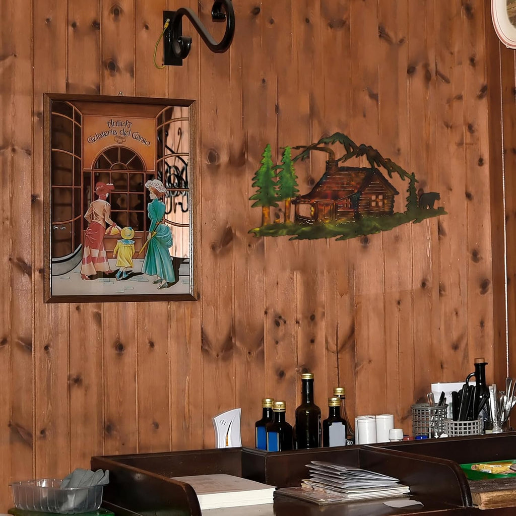 MorningRo Metal Cabin Bear Wall Art Farmhouse Forest Mountain Lodge Wall Decor Rustic Animal Hunting Decor Cabin Decorations Bear Lover Gifts for Home Bedroom Decoration, 13.78 x 7 Inch