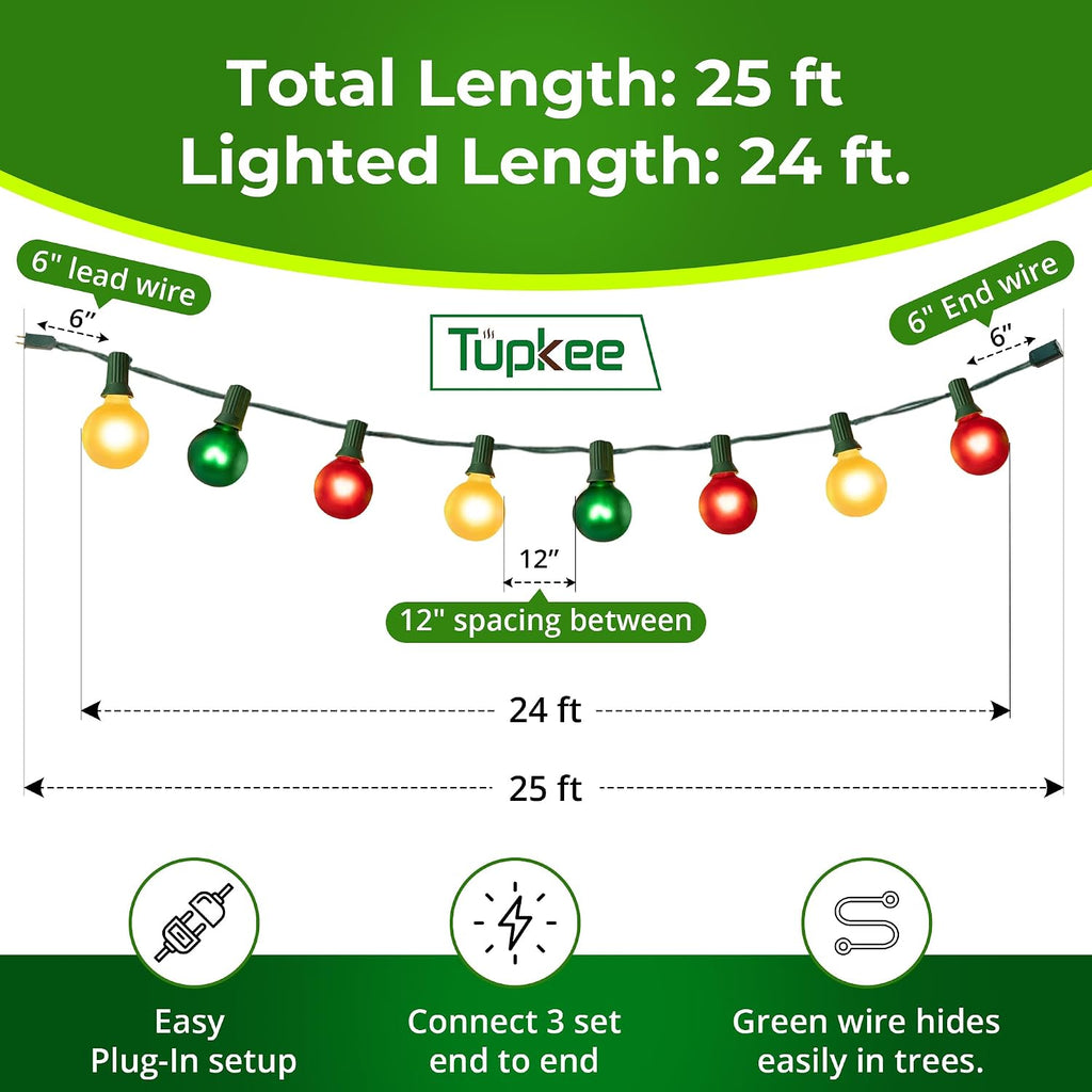 G40 Globe Christmas Tree Lights, Red Green Clear Bulbs, 24 Ft String
