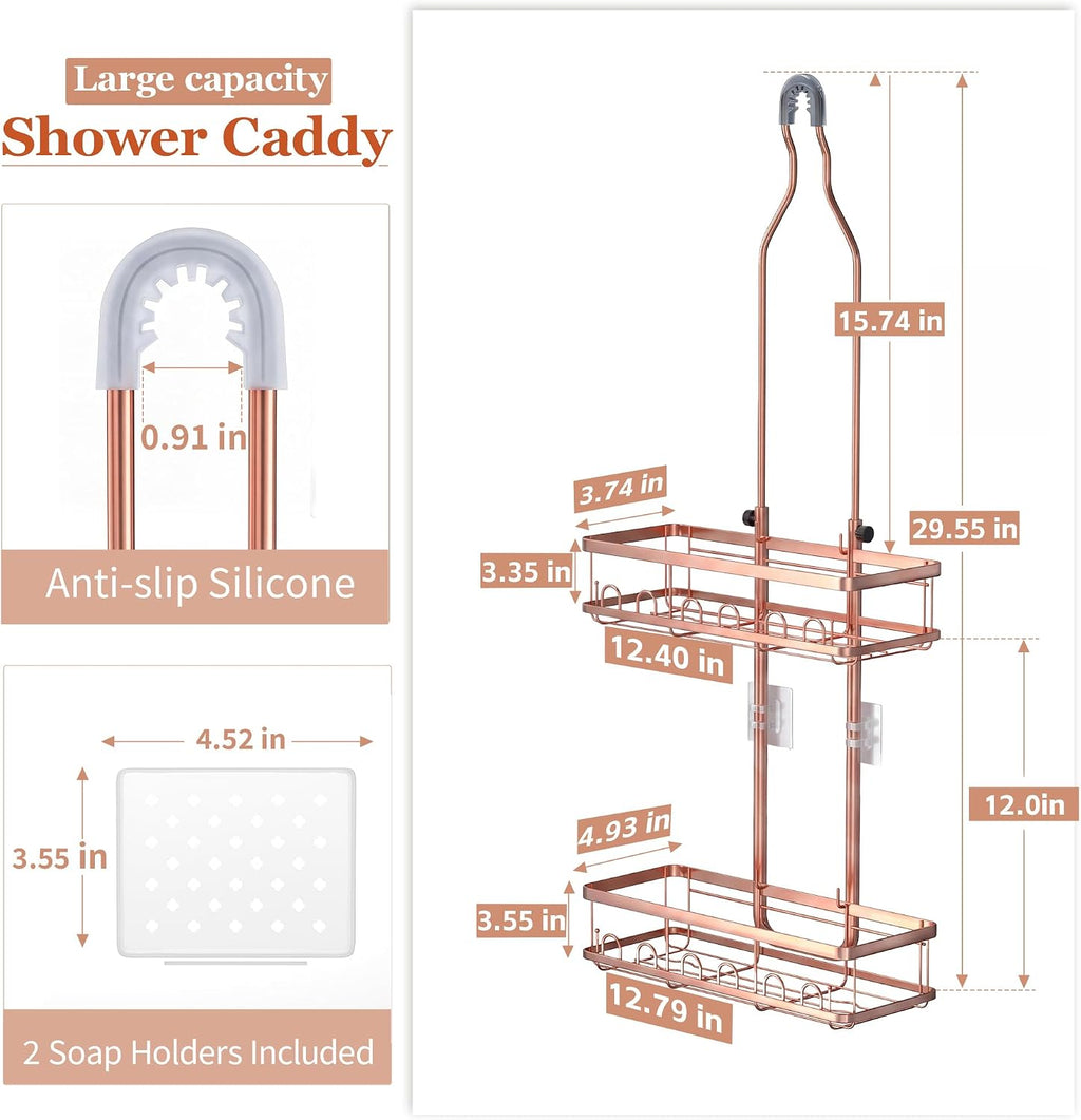 Skyapex Shower Caddy Hanging: Adjustable Height No Blocking to Shower Head - Shower Caddy Over Showerhead Shower Organizer - Rustproof Shower Shelves with Hooks 2 Soap Holders, Rose Gold