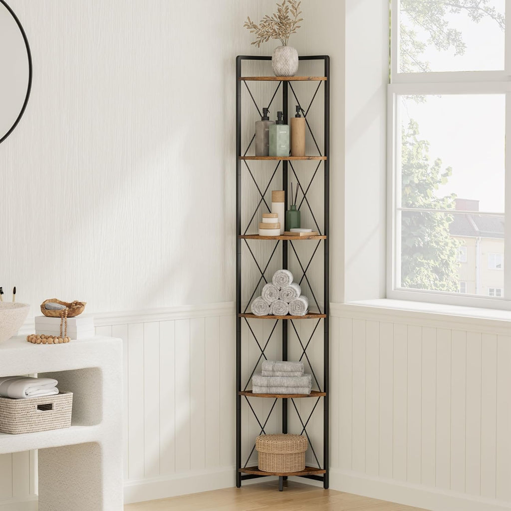 6 Tier Corner Shelf Stand, 78" H Tall Corner Bookshelf, Rustic Brown