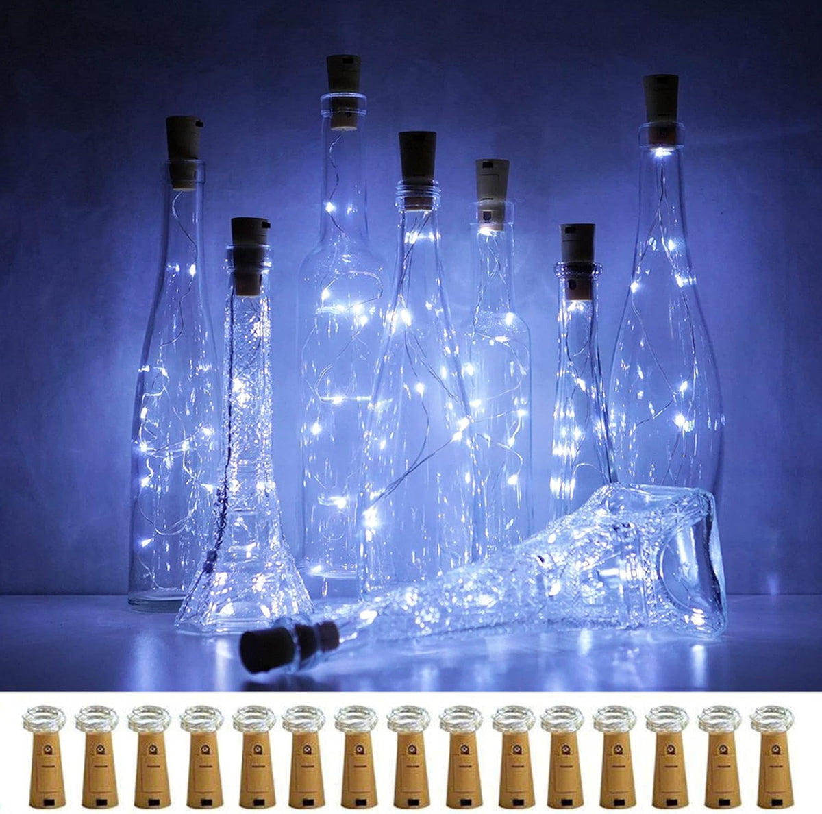Wine Bottle Lights with Cork, 15 Pack Battery Operated 10 LED Cork Shape Silver Wire Colorful Fairy Mini String Lights(No Bottles) for DIY, Party, Christmas, Wedding Decor (Cool White)