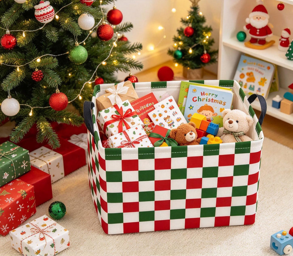 Rectangular Christmas Basket Fabric Storage Bin Boxes Collapsible Storage Basket for Clothes Books Shelves(Red Green Checkered)