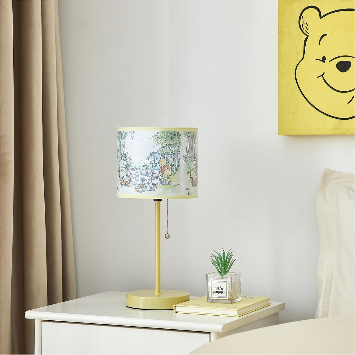 Idea Nuova Table Lamp for Kids, Stick Lamp with Printed Shade & Pull Chain, Bedroom or Nursery Nightstand Lighting,Winnie The Pooh
