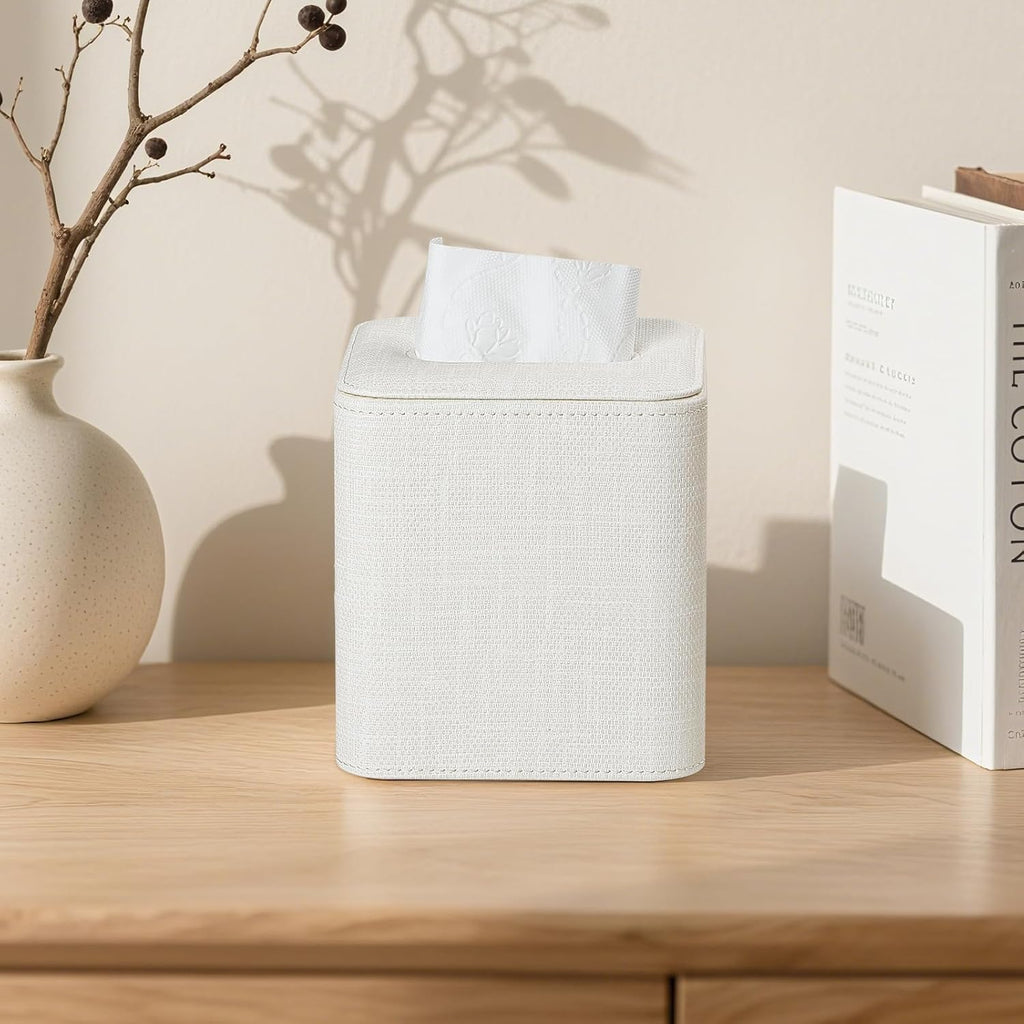 Square Tissue Box Cover PU Leather Tissue Box Holder Cube (Cream)