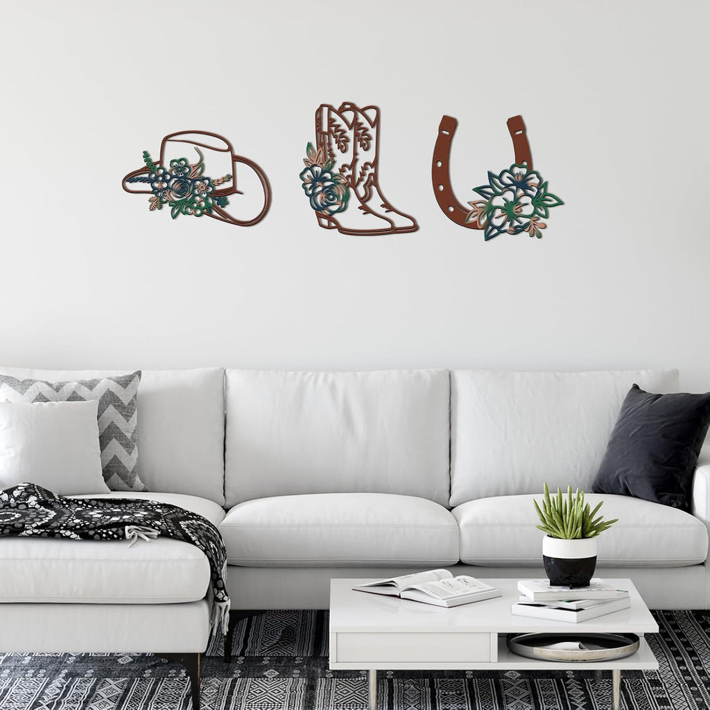 3 Pcs Cowboy Hats Boots Horseshoes Flowers Metal Wall Arts