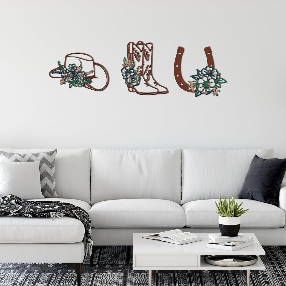 3 Pcs Cowboy Hats Boots Horseshoes Flowers Metal Wall Arts