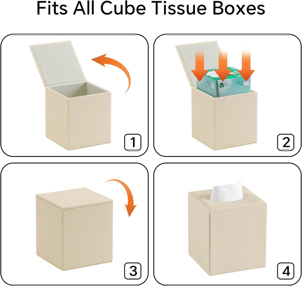 Square Tissue Box Cover with Magnetic Closure Bottom, Beige