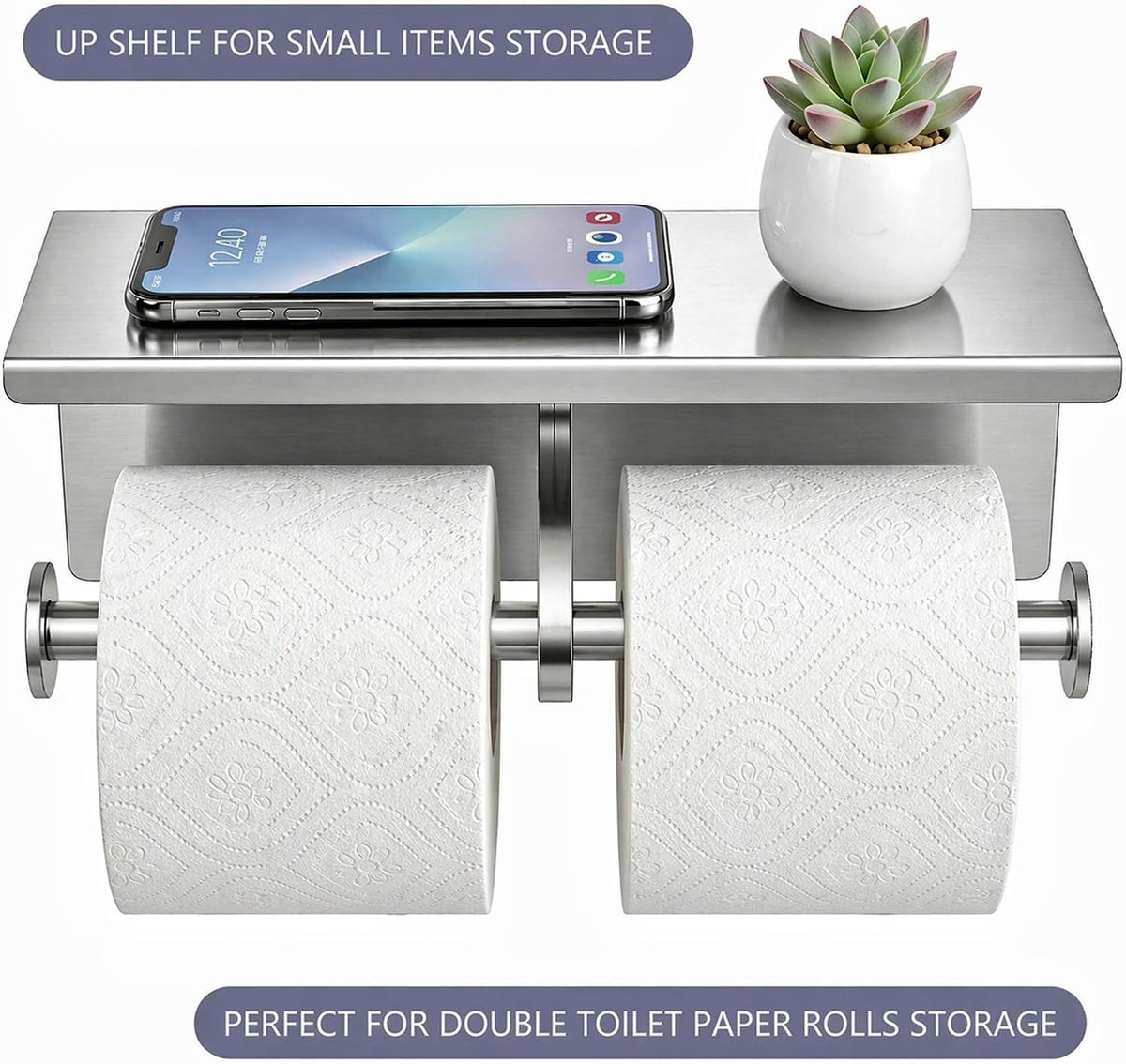 Double Toilet Paper Holder Tissue Roll Rack with Phone Storage Shelf