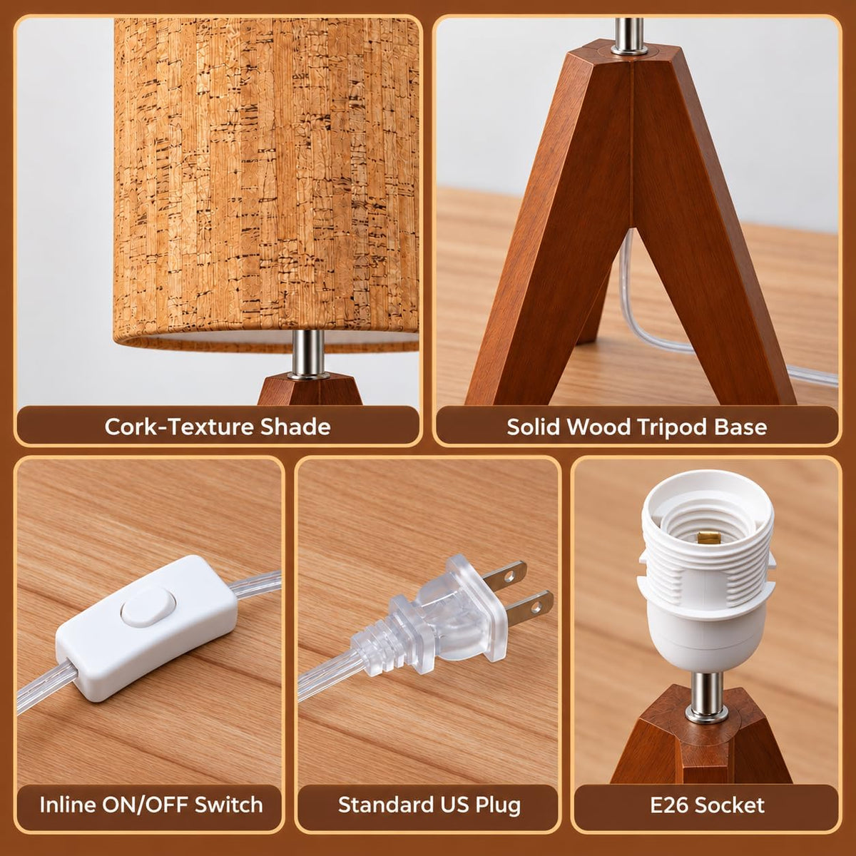 Natural Wood Tripod Table Lamp for Bedroom Nightstand