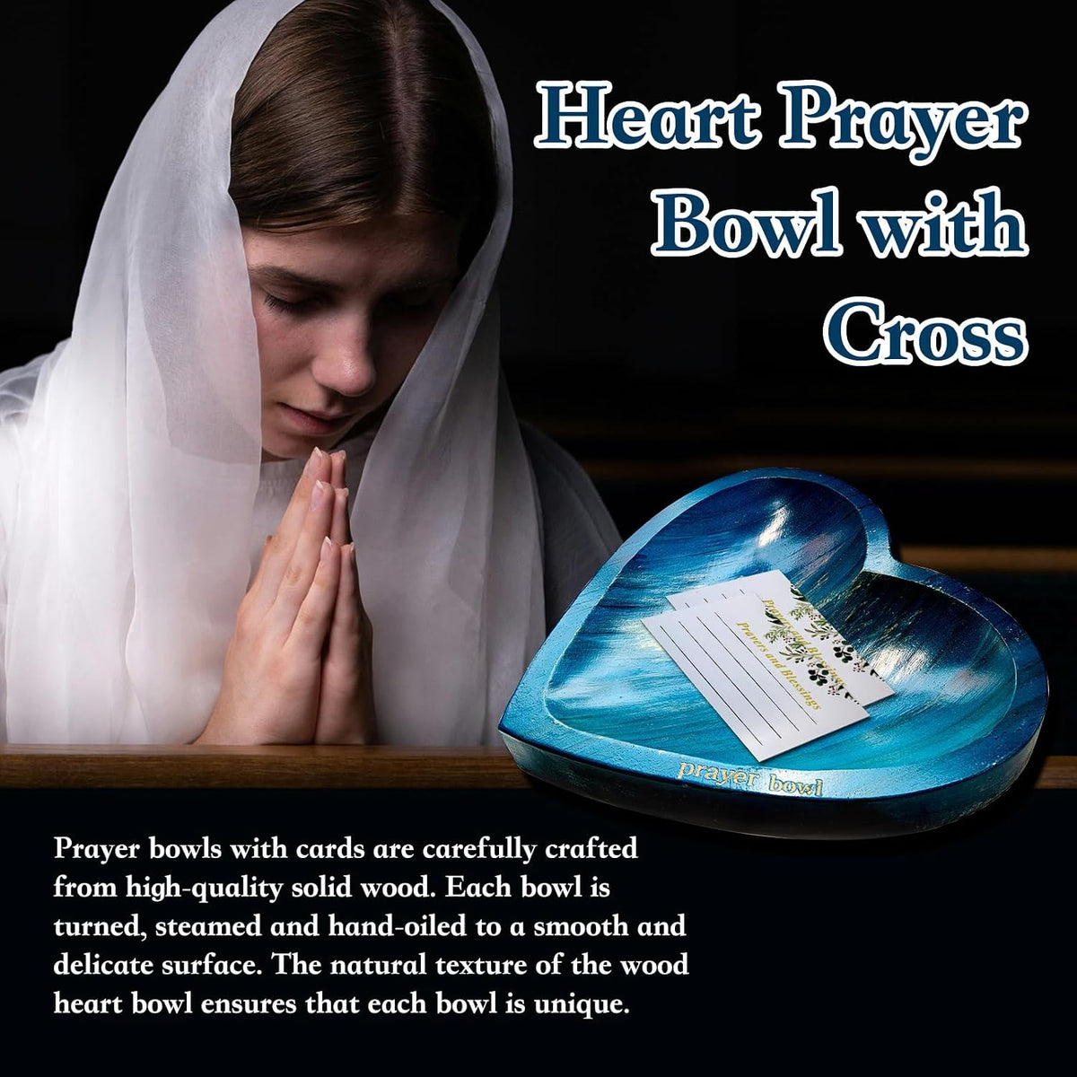Heart Prayer Bowl with Cross,Prayer Bowll with Cards, Heart Prayer Bowl Wooden,With 24 Cards,Enhance Home Decor or Room Ambiance For Christian Congregation Gifts (C)