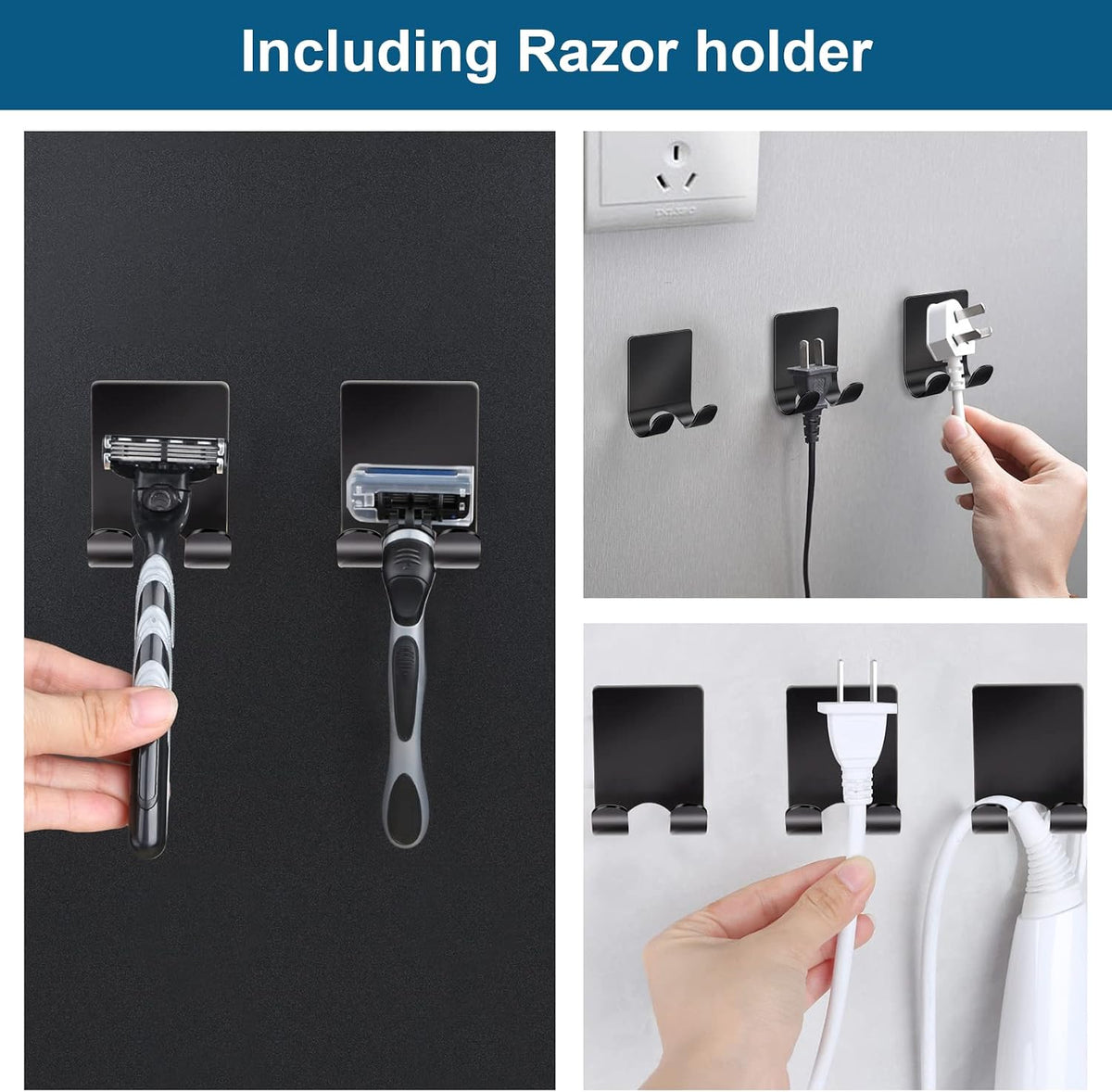 Diesisa Razor Holder for Shower + Adhesive Wall Hooks, Premium 304 Stainless Steel Shower Razor Holder with Heavy Duty Waterproof Sticky Hooks for Hanging Towels, Coat, hat (4+4 Pack) - Black