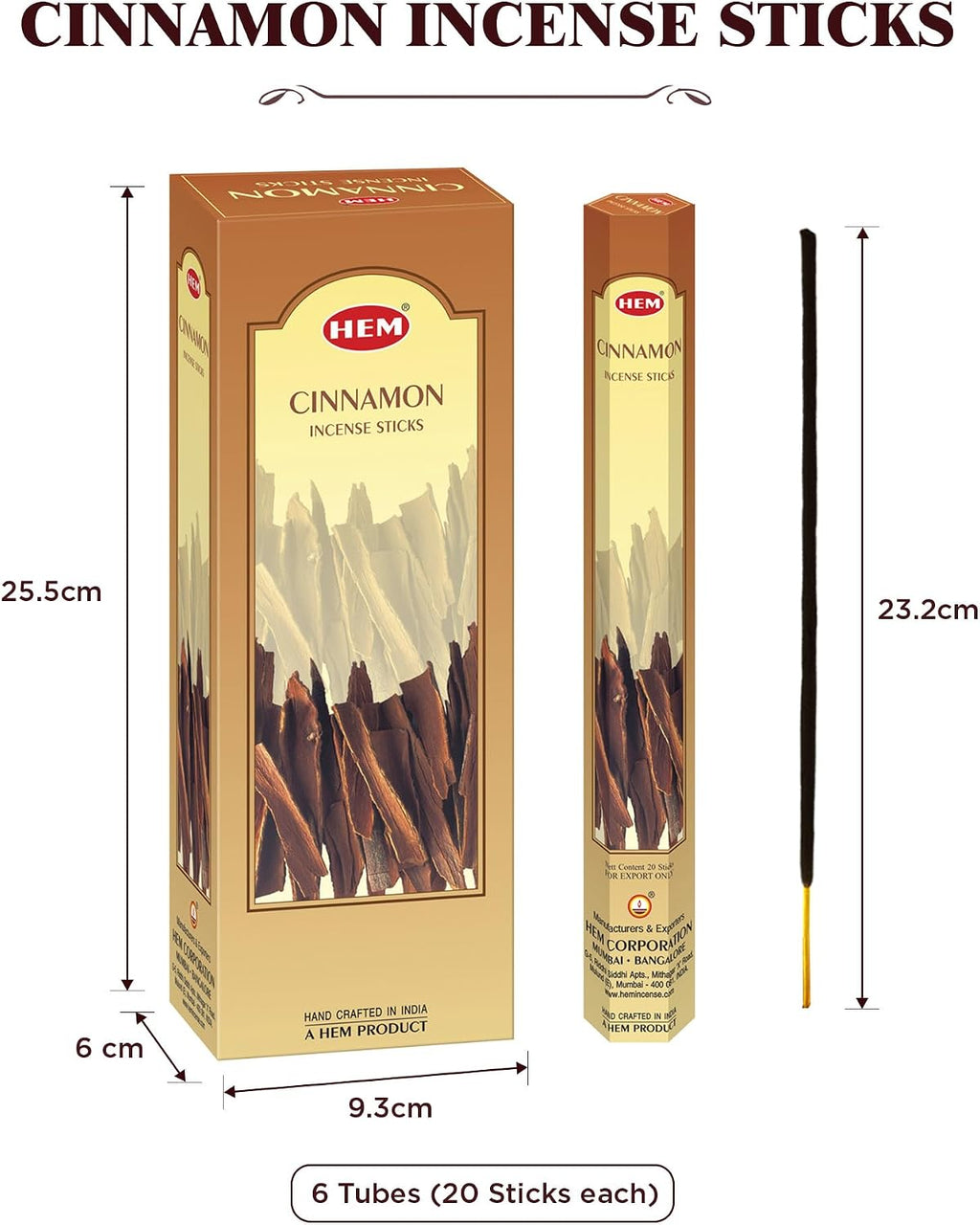 Hem Cinnamon Incense Sticks (120 Sticks, 6 Boxes Inside) - 9 Inches Long, 20g per Box - Perfect for Meditation, Rituals,Cleansing & Yoga.