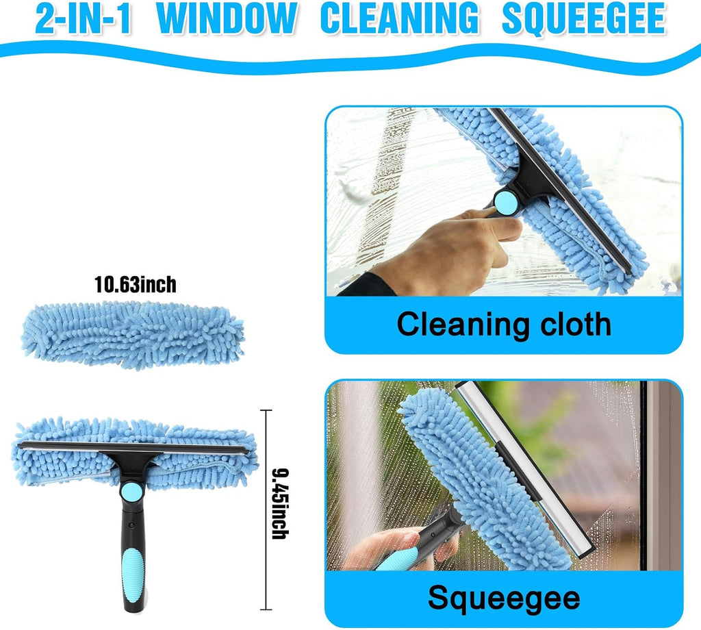 30FT Reach Window Squeegee Kit with Extension Pole, 2-in-1 Professional Washer for High Windows, 5-24FT Adjustable Reach, Rotatable Head for Indoor & Outdoor Use, Streak-Free Cleaning Tool for Home