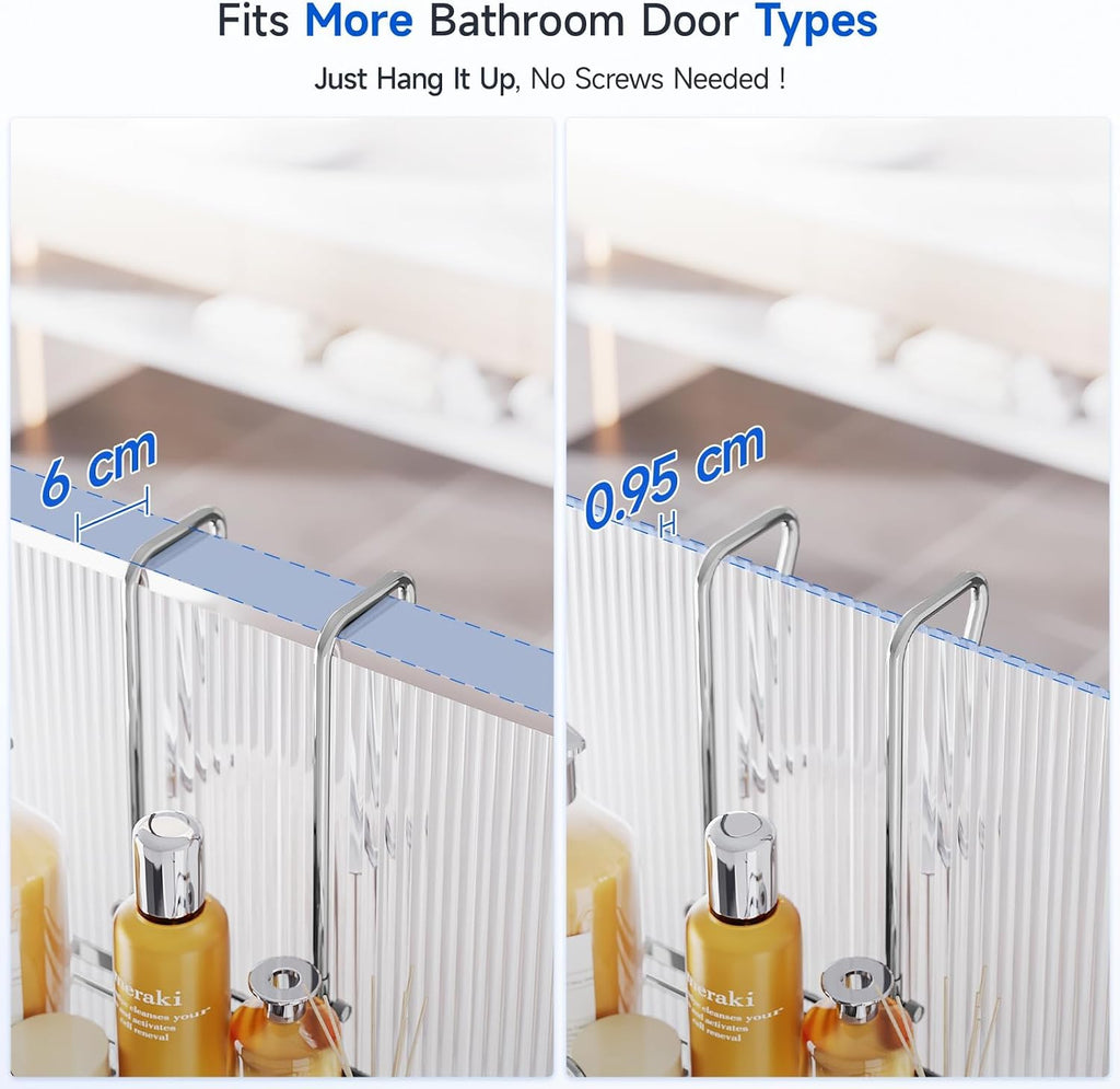 Skyapex Shower Caddy Over the Door Organizer: Bath Rack Hanging Over Glass with Hooks - Storage Shelf Inside Bathroom for Shampoo - Sliver