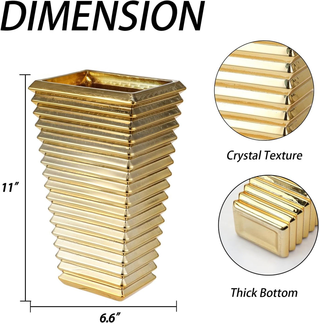 Crystal Glass Vase, Large Crystal Vases for Flowers, Large Flower Vase, Gold Modern Vases for Living Room, Bedroom, Kitchen, Dining Table, Mantle, Wedding, 11 Inches