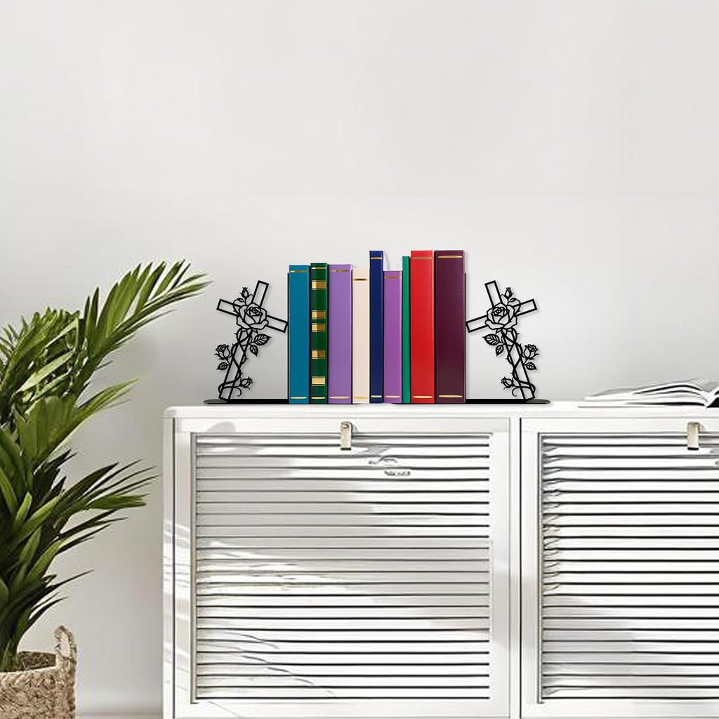 Metal Decorative Bookends Christian Cross Rose Book Ends for Shelves Faith Home Office Library Desk Decor Christian Gift for Book Lovers(Floral Cross)