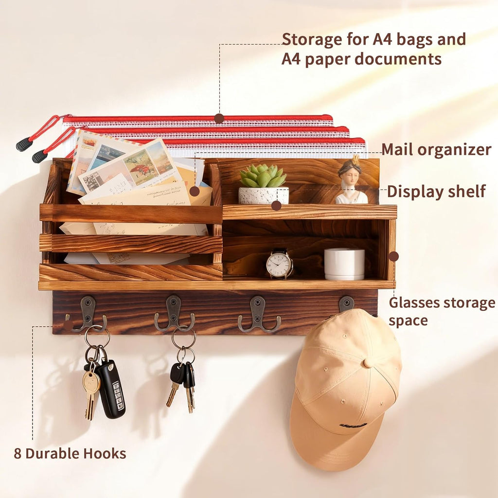 Solid Wood Key and Mail Holder for Wall, Brown