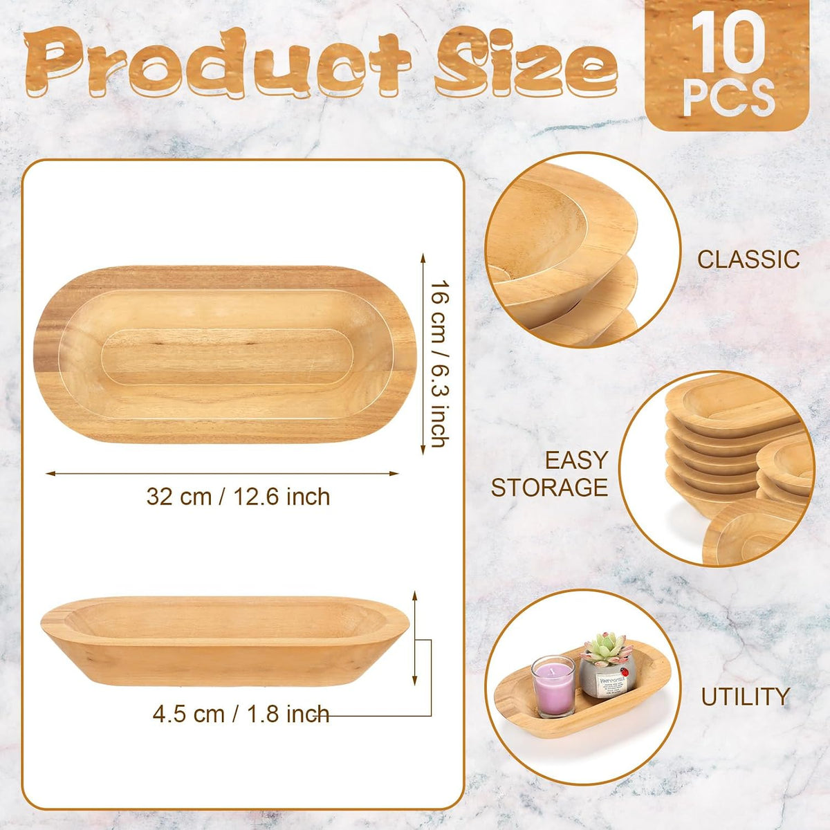 Nuogo 10 Pack 12.5 Inches Wooden Dough Bowls Bulk Rustic Bowls, Khaki
