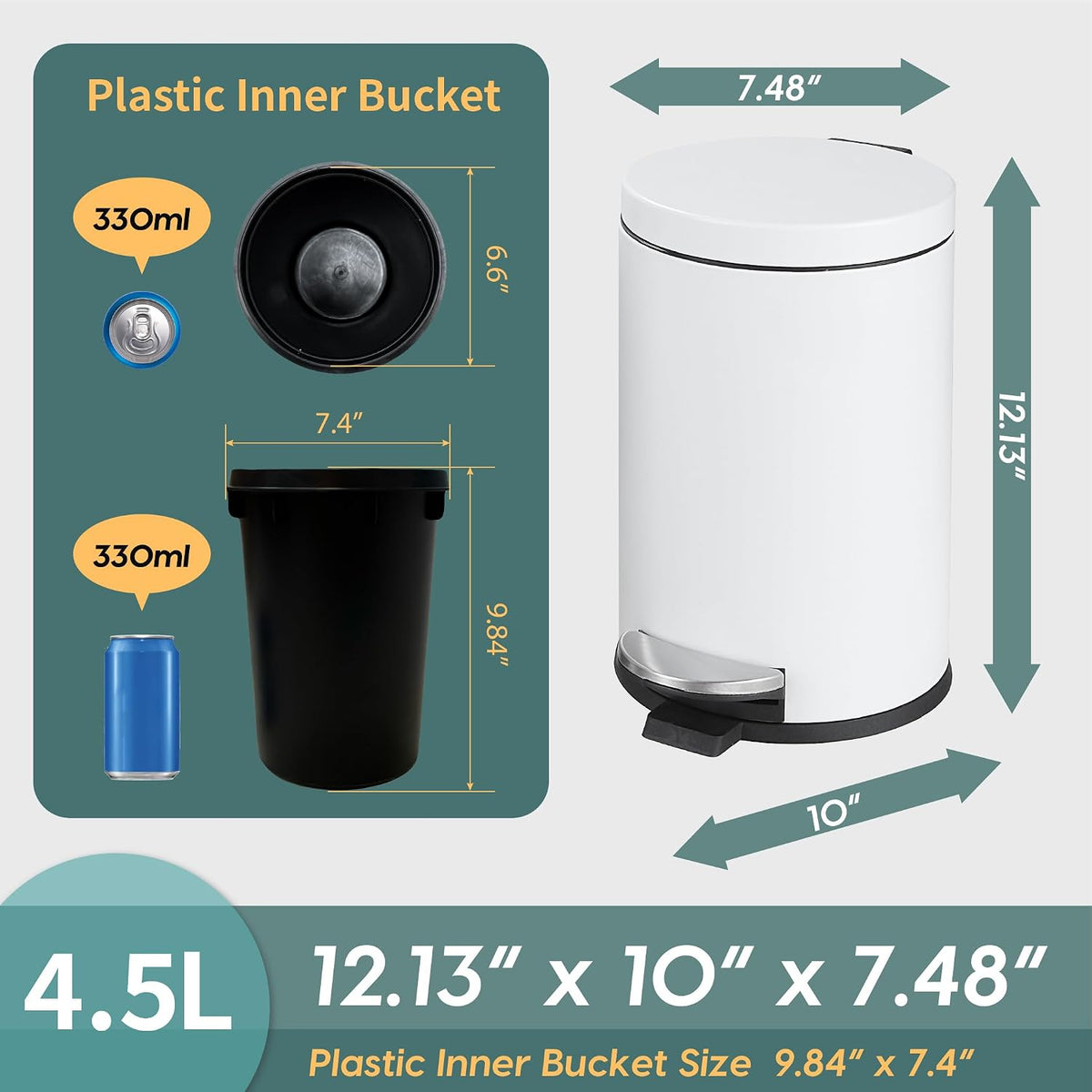 SunnyPoint 4.5 Liter(1.2 Gallon) Small Round Trash Can with Plastic Inner Bucket; Bathroom, Office, Kitchen and Bedroom Step On and Slow Close (WHT)