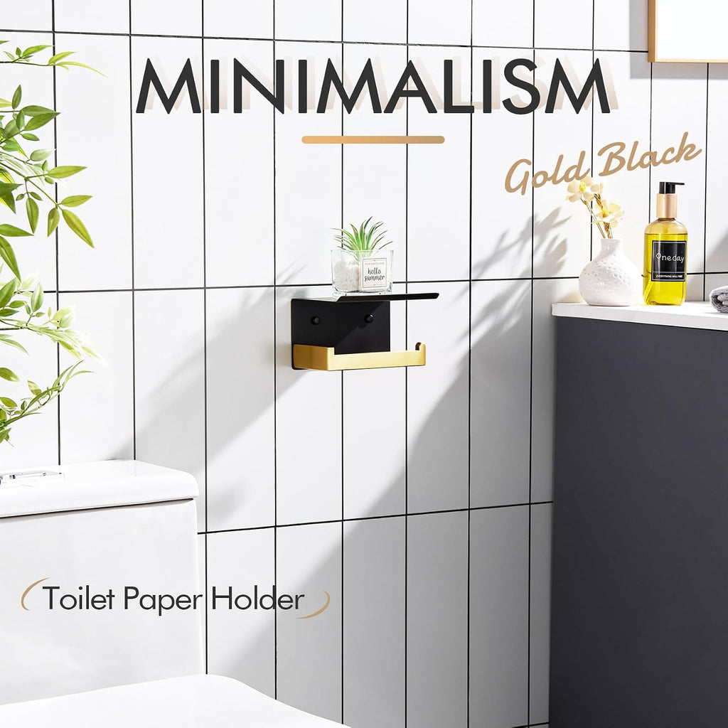 KOKOSIRI Toilet Paper Holders with Shelf Bathroom Toilet Paper Roll Holder Wall Mounted T-304 Stainless Steel, Matte Black and Gold B2010GDK (Pack of 2)
