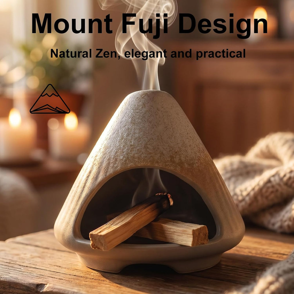 CEREMONY Palo Santo Holder -Mini Ceramic Incense Holder for Palo Santo and Sticks - White Sage Holder for Meditation Decor Ceremony Incense with Glass Grey Collector (Grey-Mount Fuji)