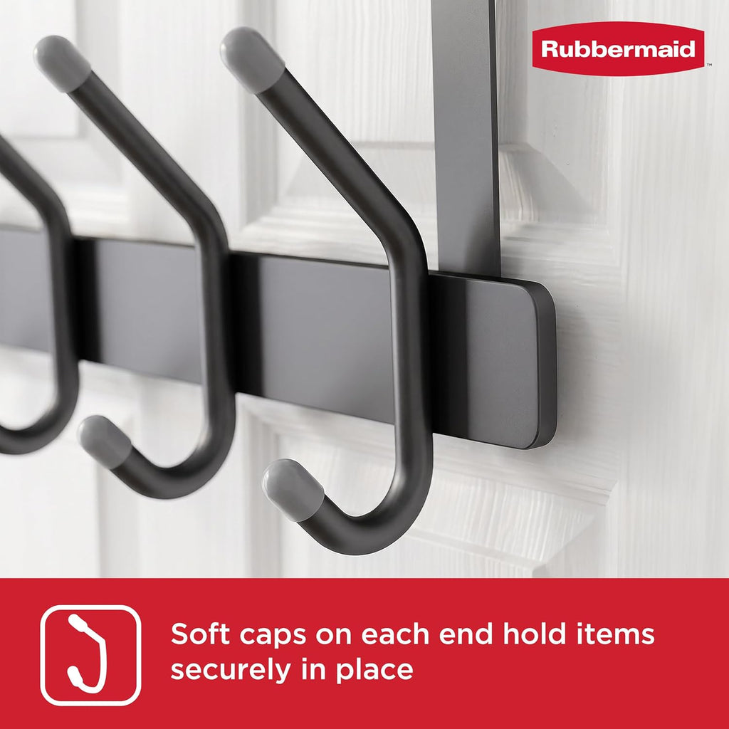 Rubbermaid Over the Door Hook Rack with 5 Double Hooks, No Drill Needed, for Towels, Robes, Hanging Accessories in Bathroom, Bedroom, Closet, Dorm, Gray