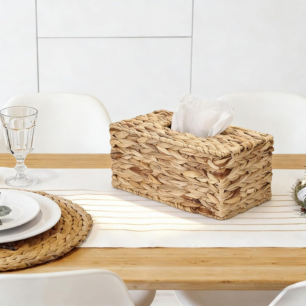 Sumnacon Rectangular Tissue Box Cover, Water Hyacinth Wicker Tissue Holder, Farmhouse Rustic Woven Tissue Dispenser with Open Bottom for Bathroom Kitchen Counter Toilet Desk Office Car, Natural (L)