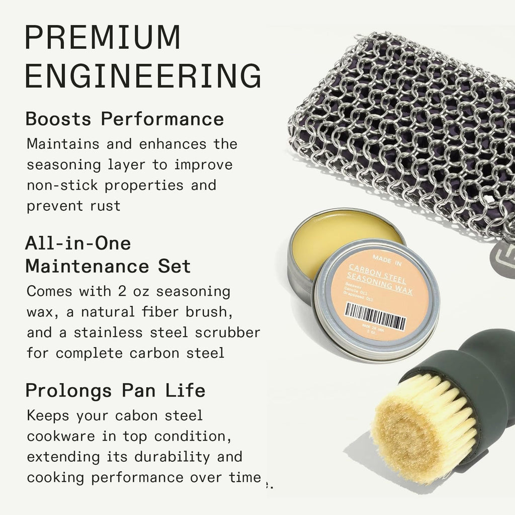 Made In Cookware - 3-Piece Carbon Steel Cleaning Set - Includes Chain Mail Scrubber, Cleaning Brush and Carbon Steel Seasoning Wax