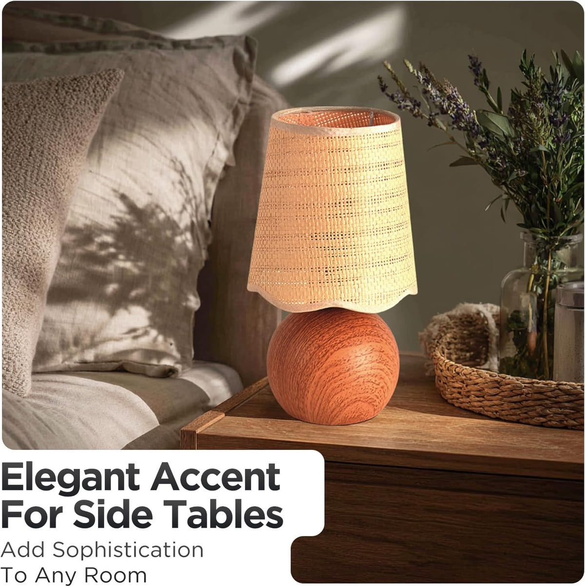 Minimalist Rattan Table Lamp, 11' Height, Woven Lampshade & E26 Socket Metal Base (Brown)