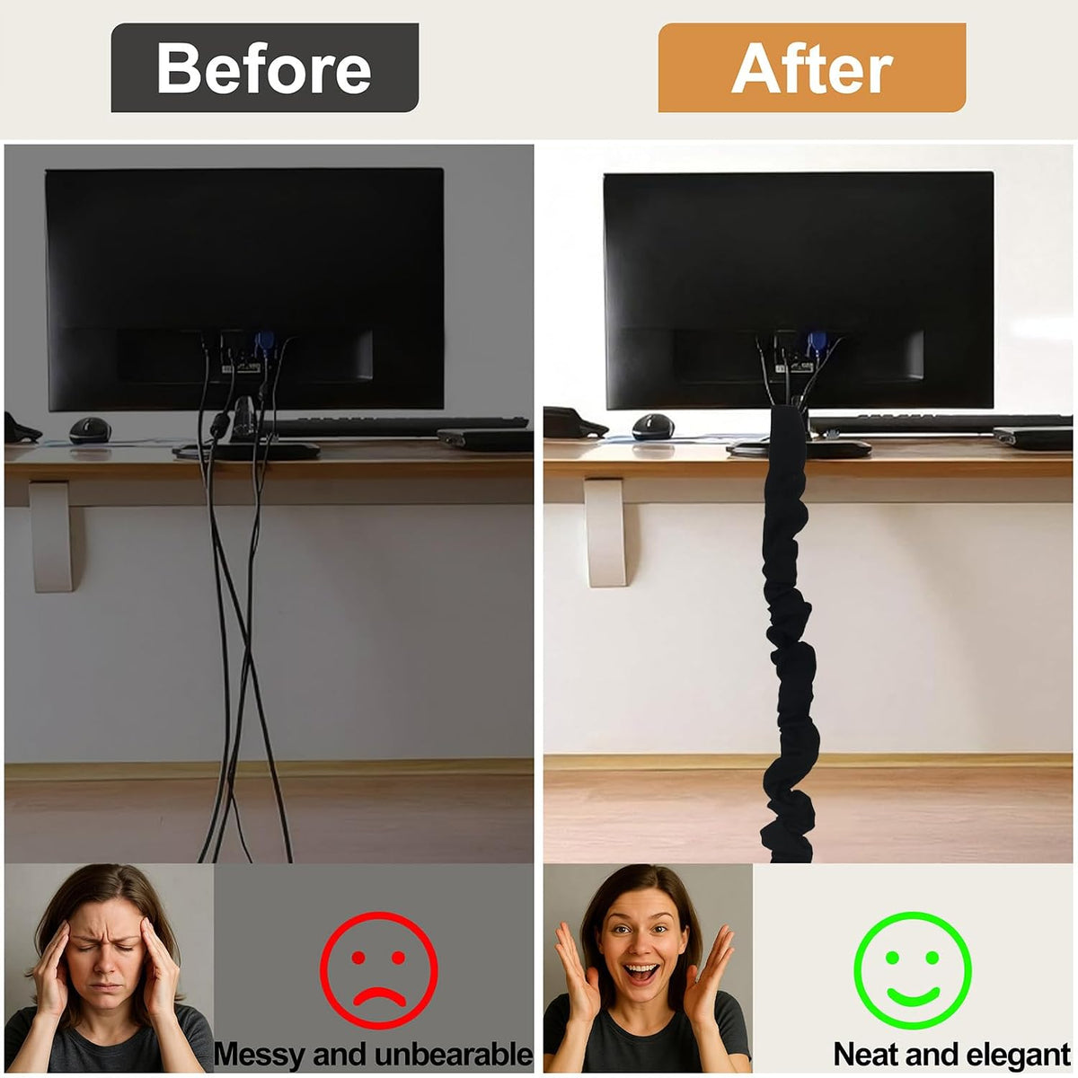 Black Farmhouse Cord Hider, TV Cord Cover and Cable Sleeve, 2 Pack 70.8 in with Button Snap Closure for Lamp Cord