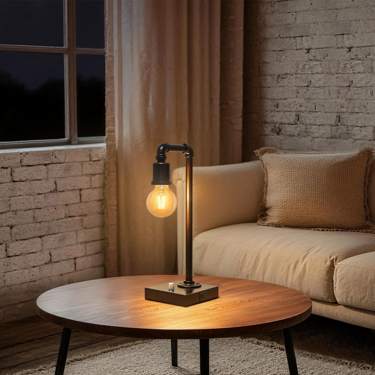 Industrial Table Lamp with Water Pipe Design, Fully Dimmable Bedside Lamp
