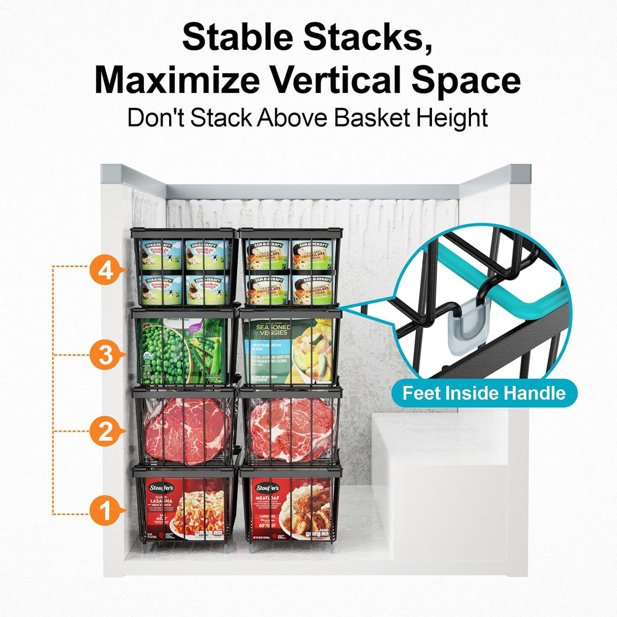 iSPECLE Freezer Organizer Bins - Small Storage Baskets for 7 Cu.Ft, 4 Pack