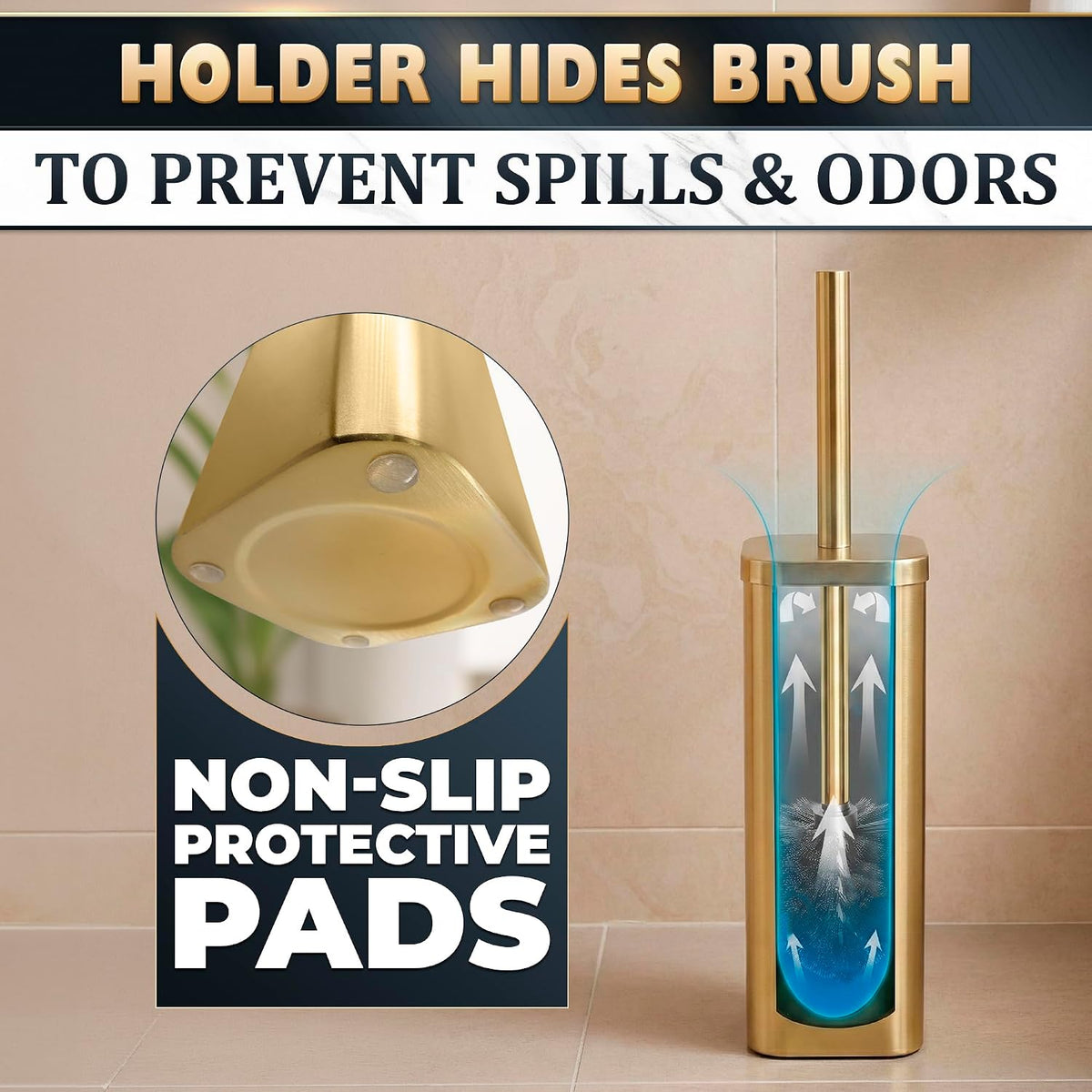 Gold Toilet Brush and Holder Set, Detachable Long Handle (Square)