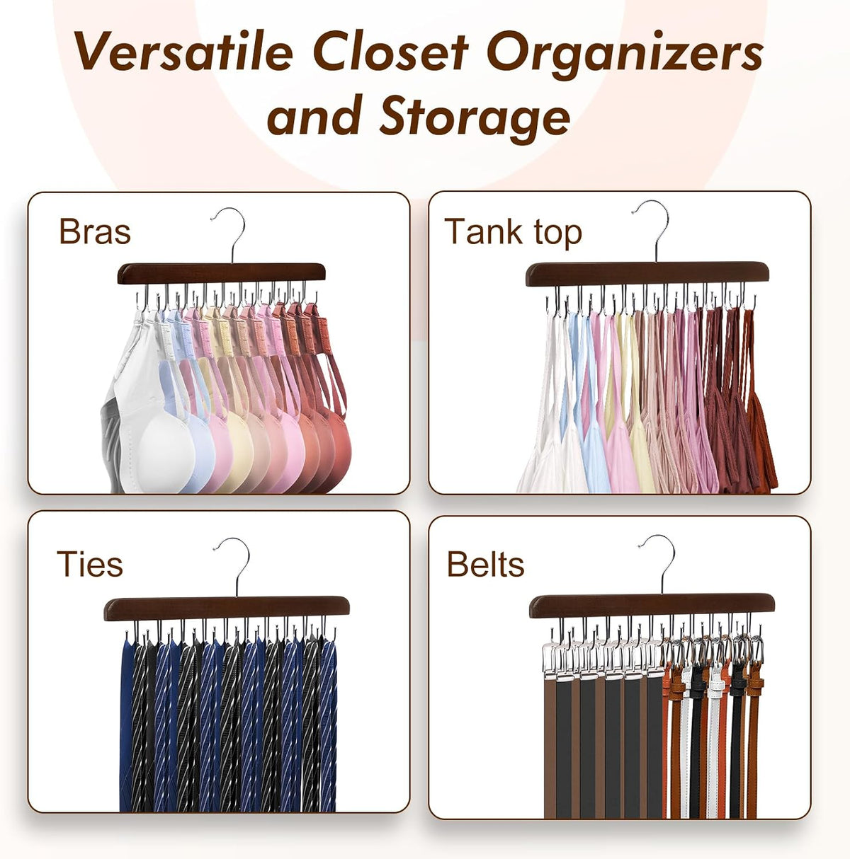 HOUSE DAY Belt Hanger for Closet 1 Pack, 20 Hooks Bra/Tie/Tank Top Hanger, Space Saving Hangers Storage Max 20 Belts/Ties, Sturdy Wooden Belt Rack Closet Accessories