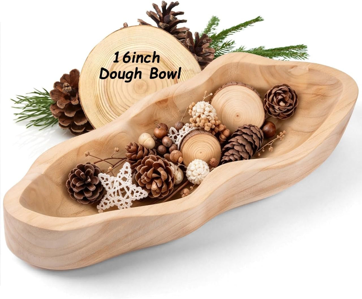 16 Inch Wavy‑Edge Wooden Dough Bowl, Large Decorative Bowl for Home Decor