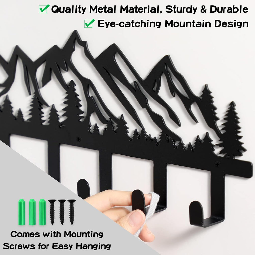 Qmetalart Mountain Metal Wall Coat Rack, Rustic Entryway Hooks