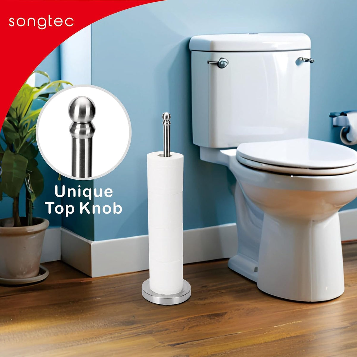 Songtec Toilet Paper Holder Stand Reserve for Bathroom, Floor Standing TP Holder for 4/5 Rolls, Stainless Steel (Brushed Nickel)