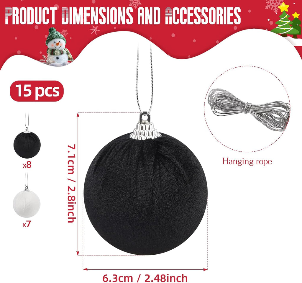 Woration 15pcs 2.36inch Velvet Christmas Ornaments Balls Set Xmas Tree Hanging Decoration Shatterproof Balls for Home Party Holiday (White, Black)
