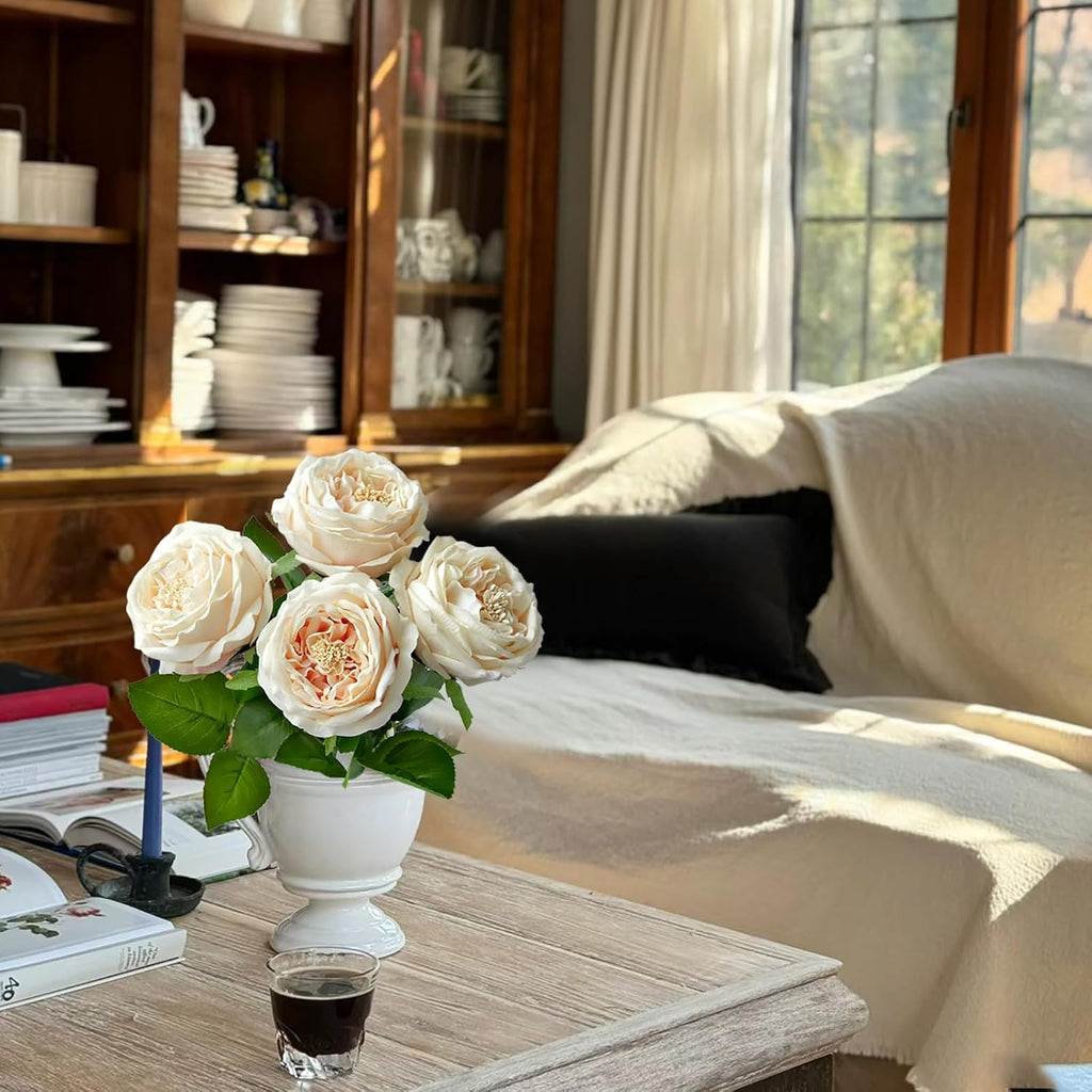 YalzoneMet 3.5'' Big Bloom Champagne Rose Artificial Flowers 4Pcs Real Touch Rose Faux 17.7Inch Long Stem Austen Roses Peonies Fake Flowers for Boho Home Kitchen Party Spring Flower Wedding Decor