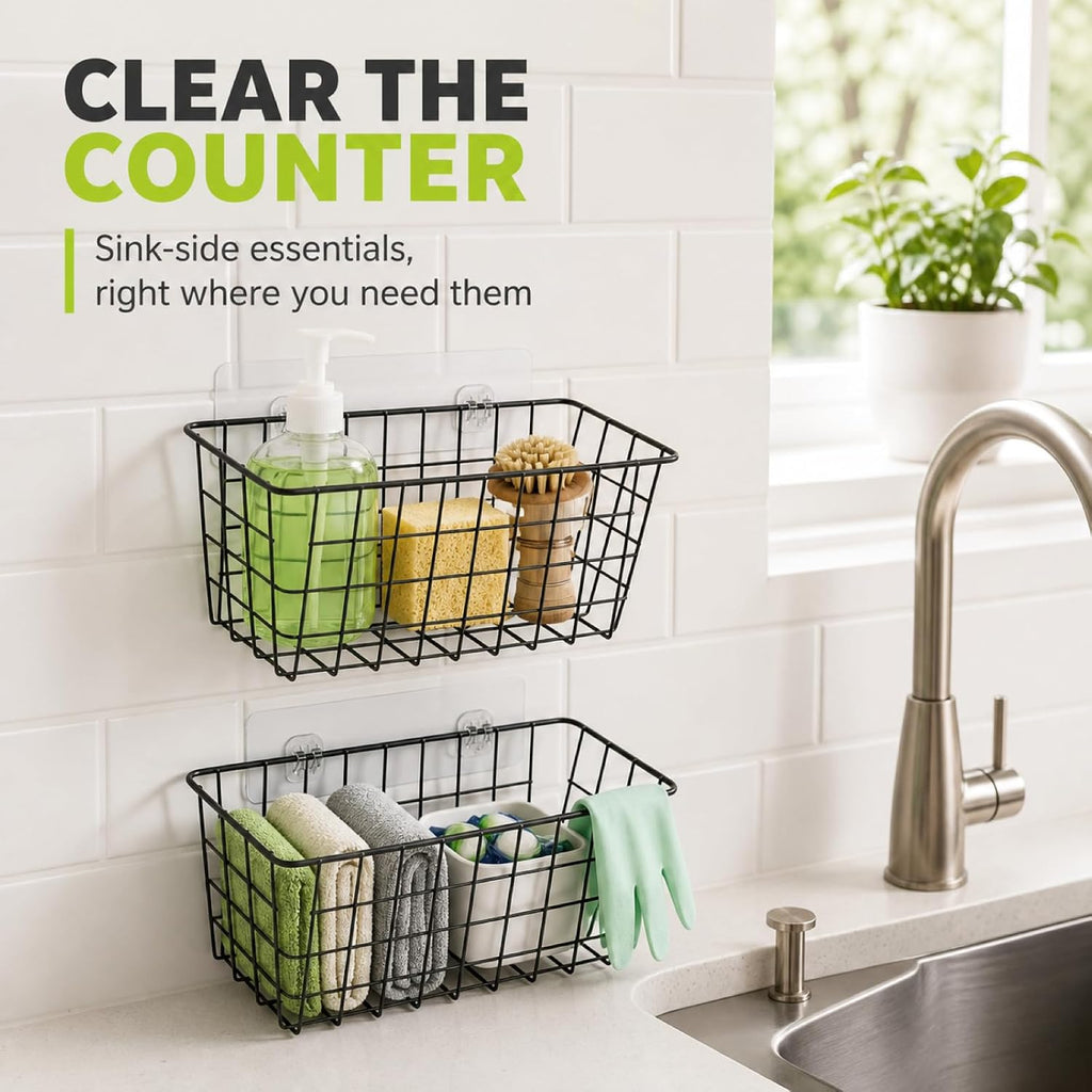 ZUSHALLMY 2 Pack Wire Baskets for Wall, No Drill Adhesive Kitchen Storage