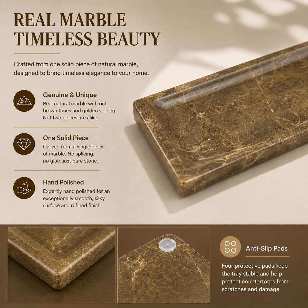Brown Marble Vanity Tray, Small Genuine Stone Decorative Tray for Bathroom Counter, Perfume, Cologne, Jewelry, Candle, Coffee Table & Kitchen Counter Organizer, 11 x 4.7 Inch